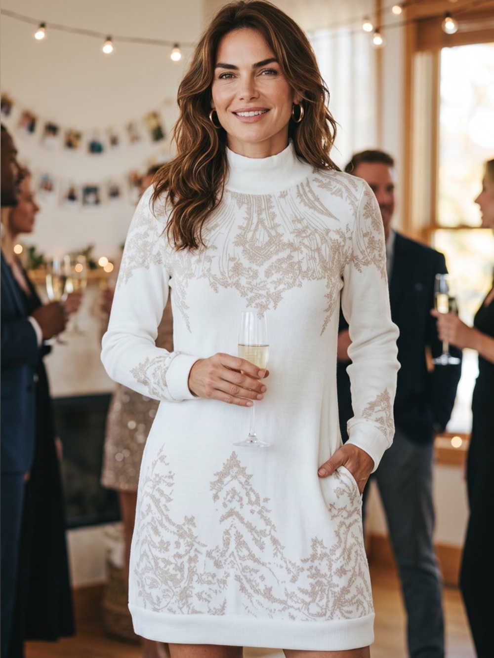 Goddess White Knit Turtleneck Dress with Beige Jacquard